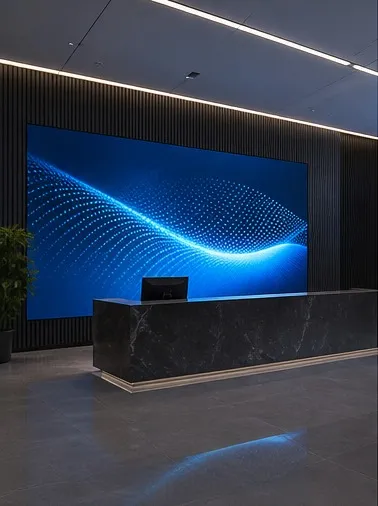 Pantalla de gran formato detrás del mostrador de recepción
