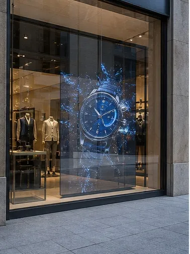 Pantalla LED transparente integrada en el cristal de una tienda