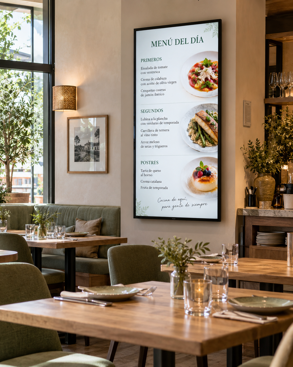 Escena ilustrativa de un restaurante con el menú del día en una pantalla digital