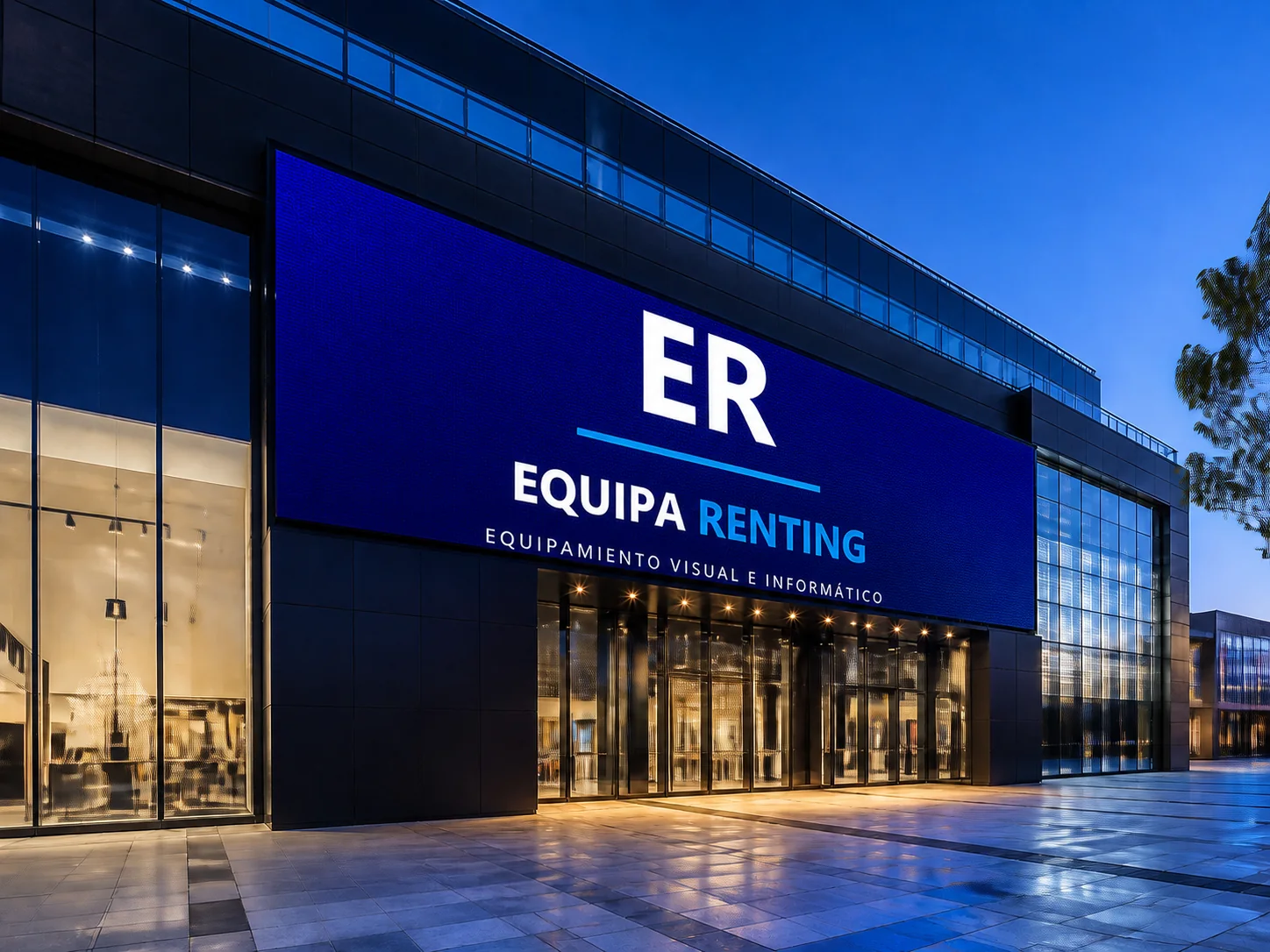 Fachada con pantalla LED mostrando la marca Equipa Renting