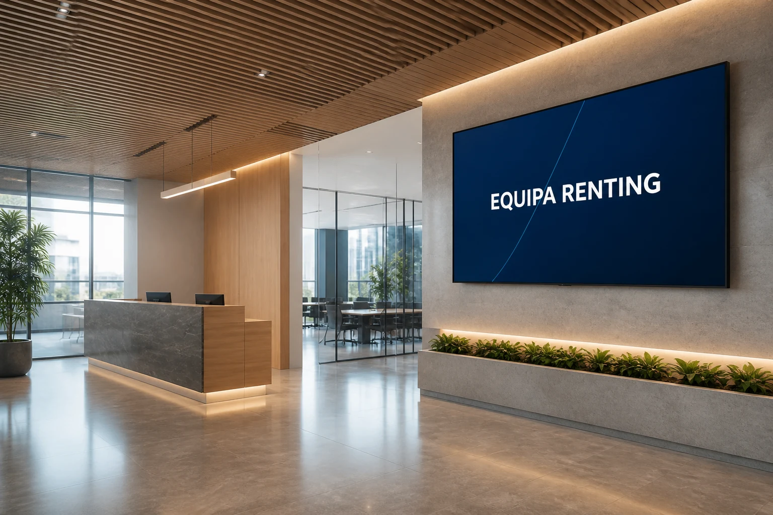 Pantalla LCD profesional de Equipa Renting integrada en una recepción contemporánea