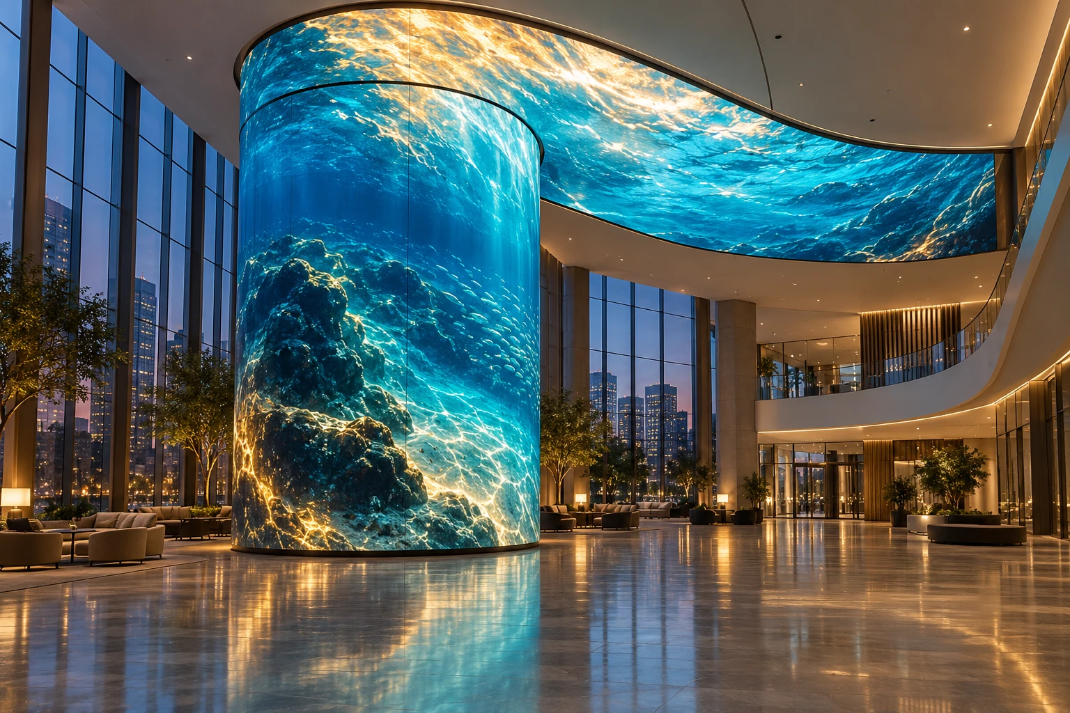 Escena ilustrativa de instalación LED curva con contenido oceánico
