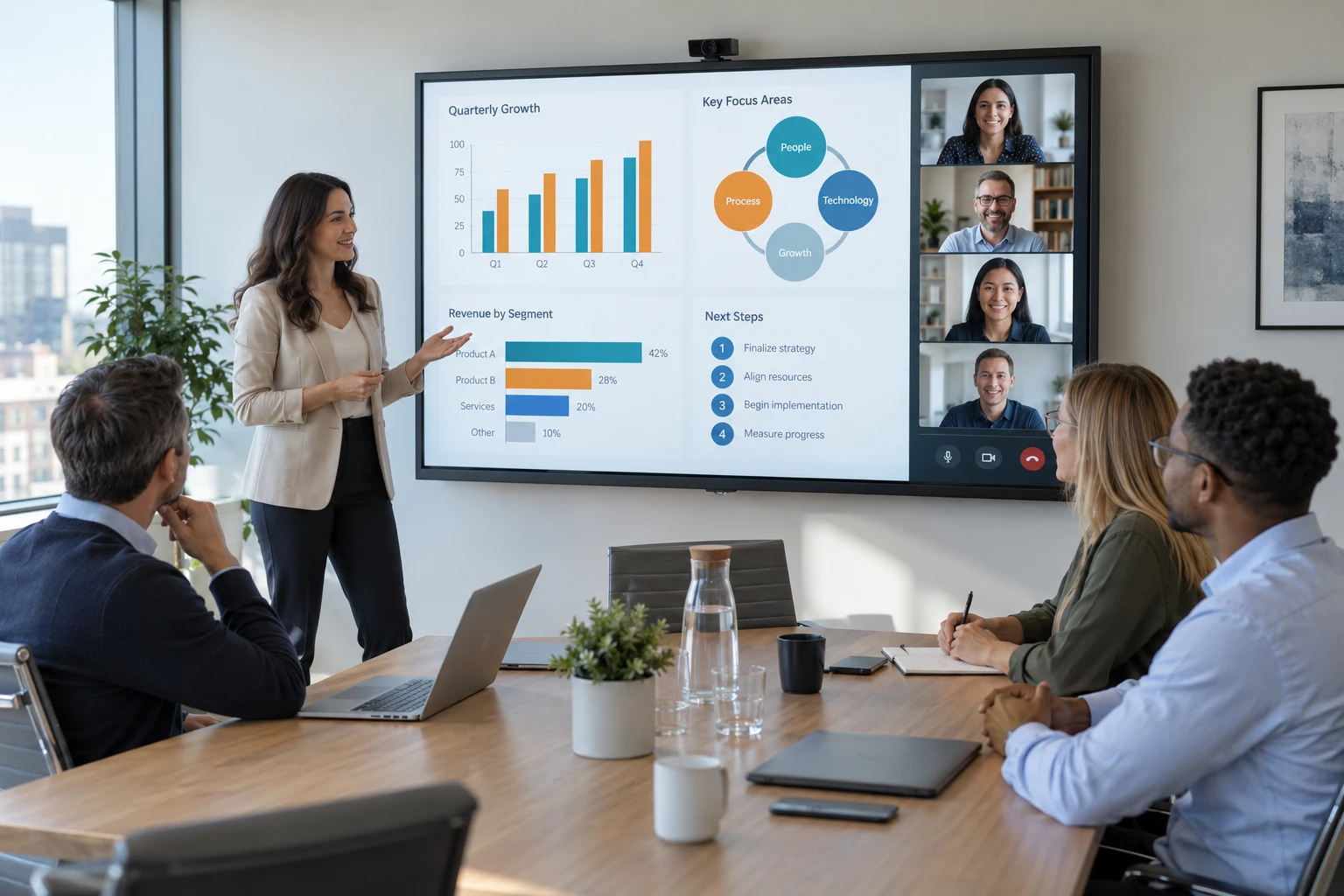 Escena ilustrativa de reunión con pantalla interactiva