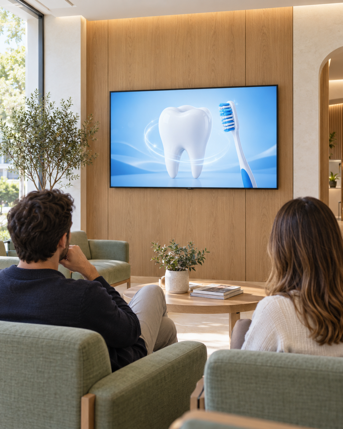 Escena ilustrativa de pacientes en una sala de espera dental con contenido educativo en pantalla